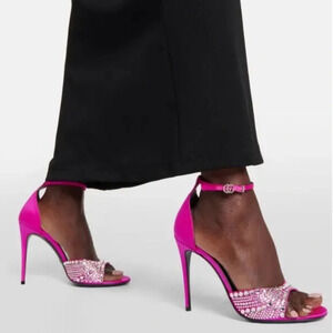 GUCCI | Crystal GG Embellished Hot Pink Fuchsia Satin
Heel Sandal Ankle Strap